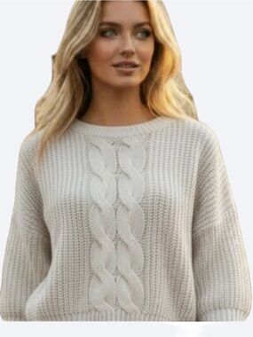 H&M Off White Cable Knit Sweater Drop Shoulder 3/4 Sleeve Pullover Medium M